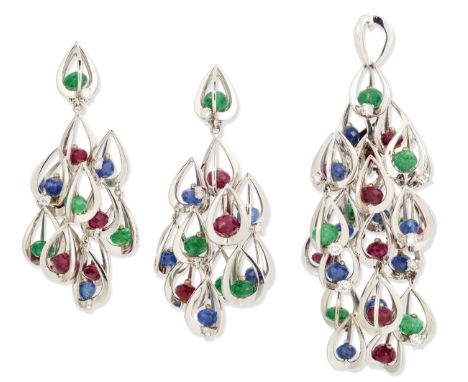 An 18ct white gold diamond and gem-set pendant and earrings suite, of cascade design, with faceted emerald, sapphire and ruby