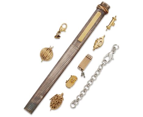 A group of eight findings, including an 18ct gold oval clasp; a segmented spherical clasp, stamped 585; and a clasp signed Ku