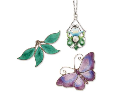 David Andersen. Two enamel brooches, one designed as a butterfly, signed David Andersen; the other designed by Willy Winnaess