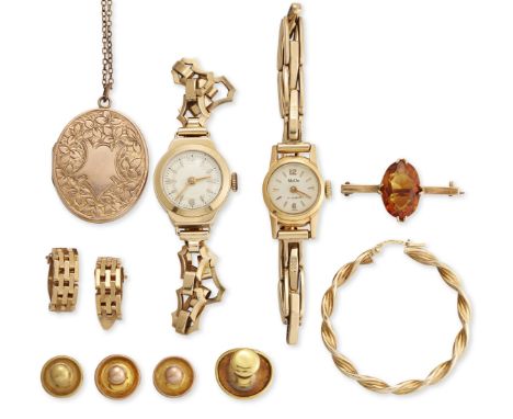 A group of jewellery, comprising: a pair of 9ct gold clip earrings; a single 9ct gold hoop earring; a 9ct gold oval locket an