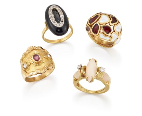 A group of rings, comprising: an 18ct gold bombe form ring, by Harris & Maisey, with white and red enamel decoration, London 