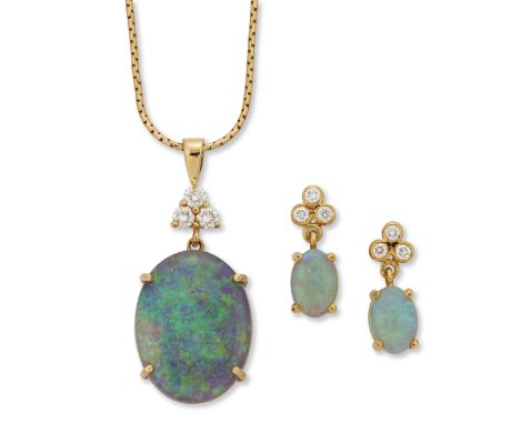 An 18ct gold opal and diamond pendant, the oval cabochon opal surmounted by a trefoil of brilliant-cut diamonds, by Cropp & F