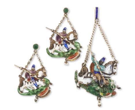 A pair of Austro-Hungarian 'St George and the Dragon' enamelled silver gilt pendant earrings and pendant, each earring suspen