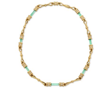 An 18ct gold emerald and diamond necklace, emerald crystals with brilliant-cut diamond end caps, joined by gold wire links, L