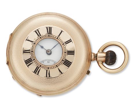 A late 19th early/20th century gold half hunter keyless wind pocket watch, Circa 1900Unsigned lever movement with bi-metallic