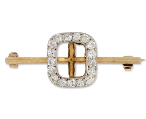 A gold diamond set brooch, a vacant central collet with border of old-brilliant-cut diamonds, to later knife edge bar, and br
