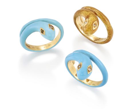 Ben Rosenfeld. Three 18ct gold enamel snake rings, with blue and yellow enamel coiled bodies, and diamond set eyes (one diamo