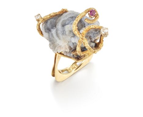 A geode, diamond and ruby ring, the agate geode to textured mount, with ruby and Swiss-cut diamond accents, and a two row hoo