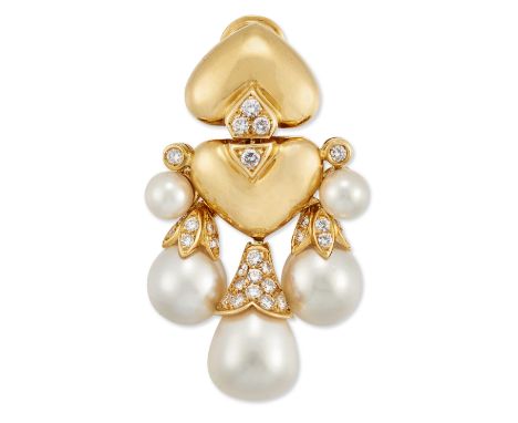 A single cultured pearl and diamond clip earring, with opposing, articulated heart shaped links, with brilliant-cut diamond s