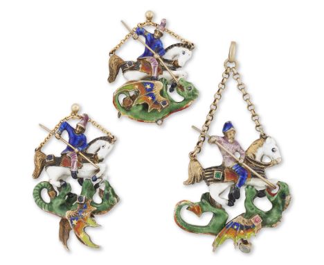 A pair of Austro-Hungarian 'St George and the Dragon' enamelled silver gilt pendant earrings and pendant, each earring suspen