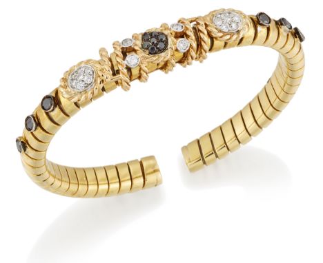 A diamond set torque bangle, flexible, gaspipe link bangle with applied brilliant-cut diamond and black diamond clusters, and