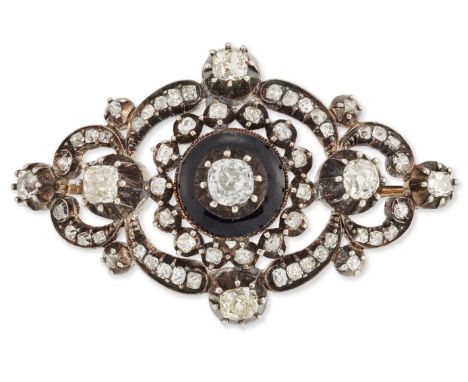 A 19th century diamond and enamel brooch, composed of a central old-mine-cut diamond and black enamel cluster, to scroll desi
