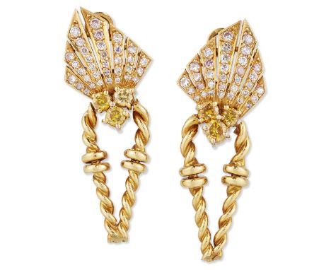 Gabriel Shine. A pair of 18ct gold diamond earrings, a trefoil of brilliant-cut yellow diamonds, with a pierced fan surmount 