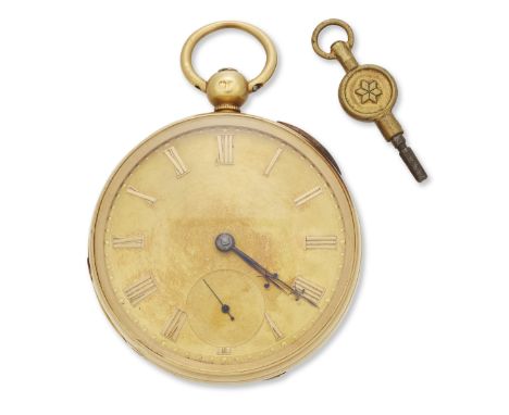 A 19th century 18ct gold open face pocket watch, Circa 1870Keywind lever movement with rose-cut diamond end stone and foliate