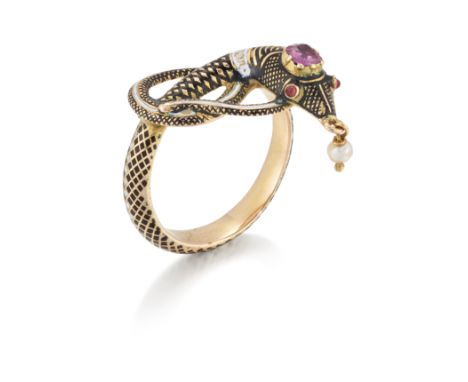 A Victorian gold ruby and enamel snake ring, of knotted snake form, the snake with an old-cushion-cut ruby head, paste set ey