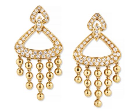 A pair of French diamond drop earrings, openwork plaques pavé set with brilliant-cut diamonds, suspending a graduated bead ta