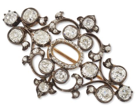 A Victorian diamond brooch, central stone deficient, of lozenge shaped floral spray cluster design, composed of collet-set ol