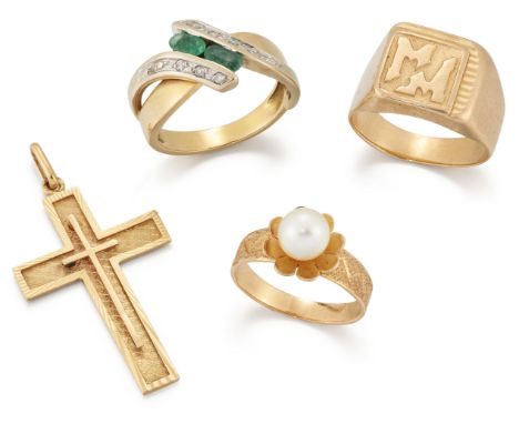 A group of French jewellery, comprising: a signet ring, with initials MM, ring size O; a single stone cultured pearl ring wit