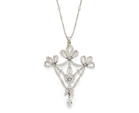 A Belle Époque platinum and diamond brooch/pendant, of ribbon and articulated floral swag design, set with old-brilliant-cut 