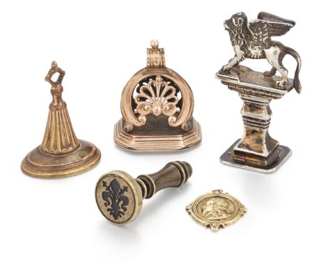 A group of three fob seals, desk seal and a reproduction Charles I commemorative medallion, fobs include a 19th century gold 