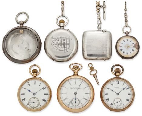 A group of pocket watches, including one unsigned 18ct gold English pocket watch, Chester hallmarks, 1896; two rolled gold po