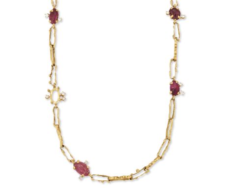 A pink tourmaline and diamond neckchain, a series of claw-set pink tourmaline cabochons (one deficient), with brilliant-cut d