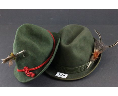 Vintage Alpine Swiss Hat with feather attachment made by Minnorf JagDuSport together with another similar Hat