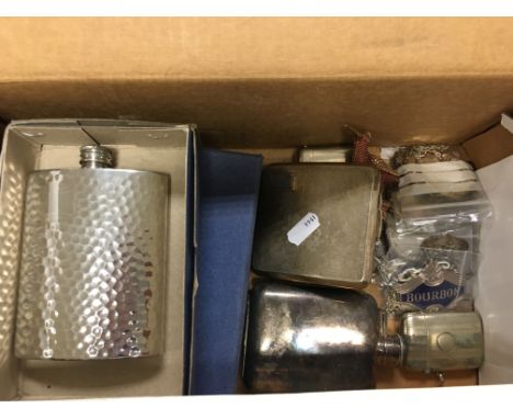 Three Hip Flasks, Cigarette Case, Two Vesta Cases, Bottle Cork and Nine Decanter Labels