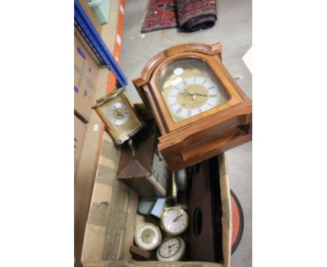 Box of various clocks to include Smiths mantle clock, travelling clocks, Metamec, Bentima etc