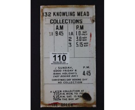 Vintage Original Royal Mail Letter Box Time Collection Enamel Plate from Knowling Mead, Tenby, Pembrokeshire