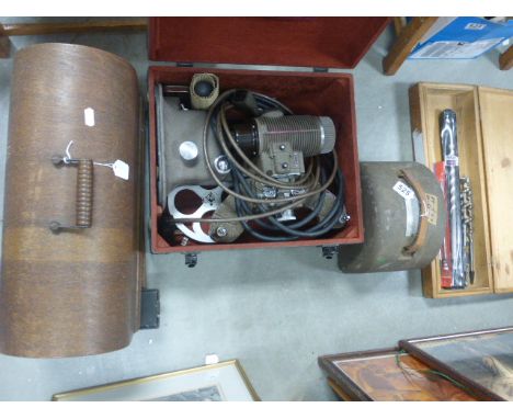 Cased singer sewing machine, drill bits, screen projector, other misc items