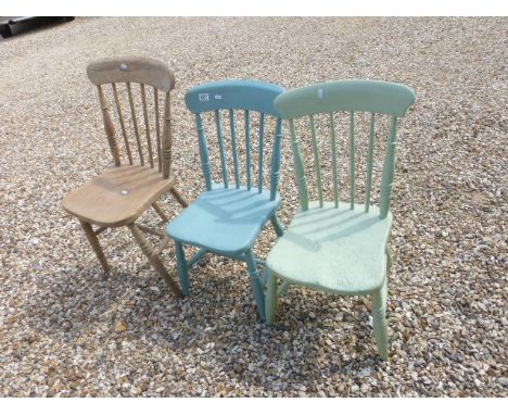 Two painted pine and one other stick back chairs