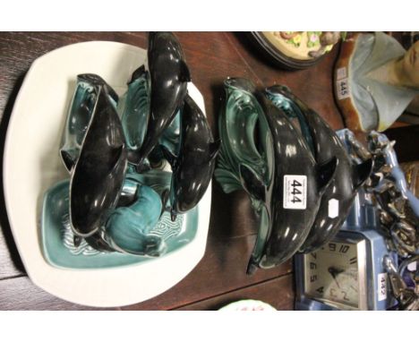 Five Poole Pottery Dolphins together with a Dolphin Pin Dish and a Seal plus Three Ironstone Steak Plates