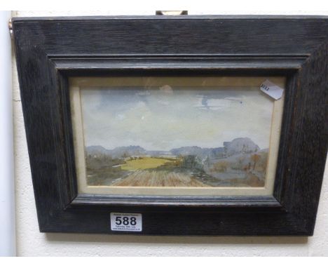  Gwen Jeffery, first half of 20th century Watercolour ' Suffolk Fields', 115 x 208mm, signed, oak framed and glazed