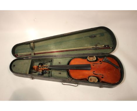 Vintage Violin. "The Maidstone" in original wood case, with bow. No bridge. Body length: 13", 2 piece back