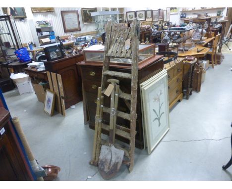 Wooden Step Ladder and Four Old Spanish Garden Tools including Pick Axe and Shovel