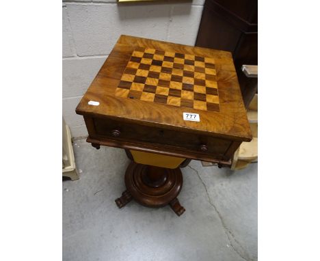 19th century Walnut Games / Work Table, the top inlaid with a chess board over drawer and sliding Work Compartment on circula