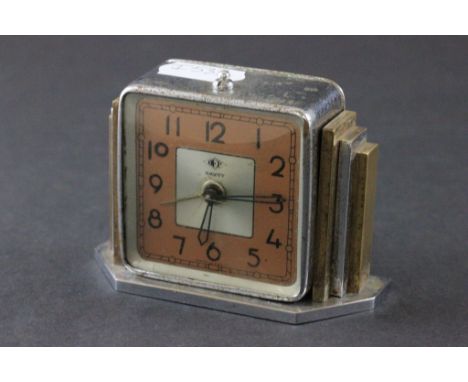 Art Deco French Alarm Clock with stepped shoulders, the square face marked Dep Savoy