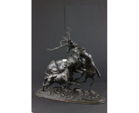 Spelter Group of Stag being attacked by Two Hunting Dogs