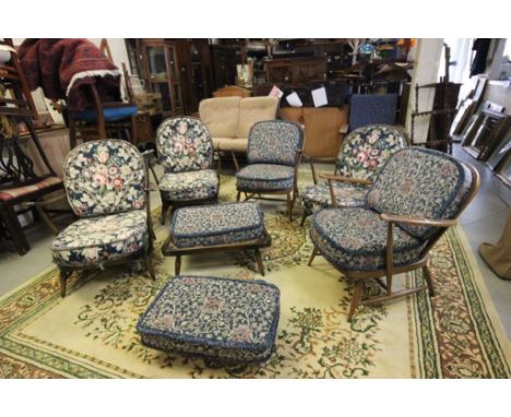 Collection of Ercol stickback lounge items to include three matching armchairs and a pair of matching armchairs