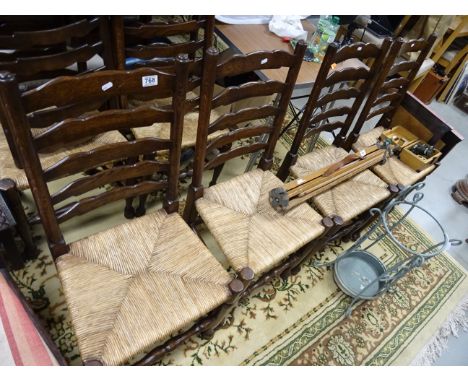 Eight Country Oak Ladder Back Dining Chairs with String Seats
