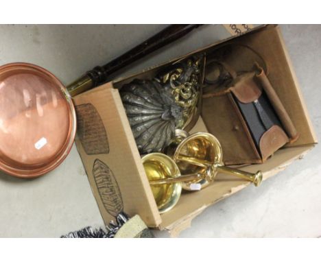 Mixed Lot comprising Two Heavy Brass Pestle & Mortars, Brass Trivet, Brownie Camera, Copper Bed Warmer and Plated Teapot