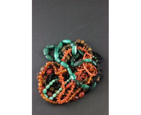 Ten Vintage Necklaces including Tiger Eye, Malachite, Amber and Coral