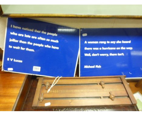 A vintage snooker score board and two humorous metal signs.