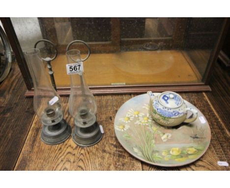 Mixed lot to include two painted pottery plates, two lace makers glass chimney chamber sticks, and oriental style teapot with