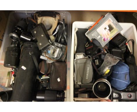 Two boxes various camera equipment to include various lenses, flash units, Samsung camera etc