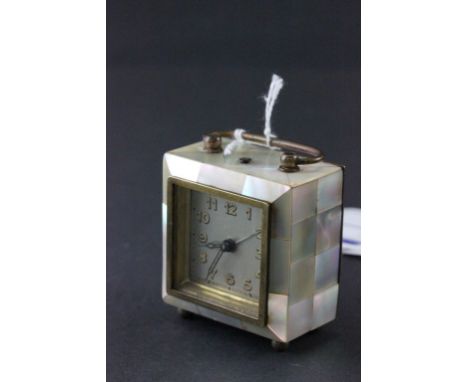 1920's Junghans German Art Deco miniature carriage or travel type clock with mother of pearl decoration