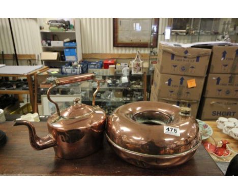 Antique Copper Kettle together with a Copper Circular Hot Water Flask
