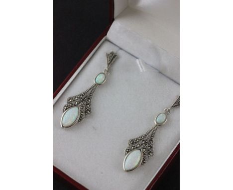 A pair of silver, marcasite and opal Art Nouveau style drop earrings