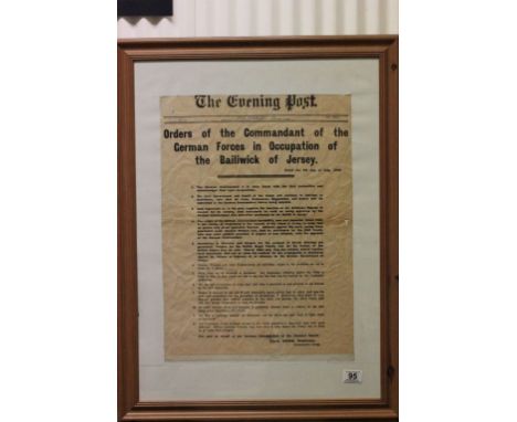 Framed and Glazed Announcement in The Evening Post Jersey Newspaper dated July 9 1940 ' Orders of the Commandant of the Germa